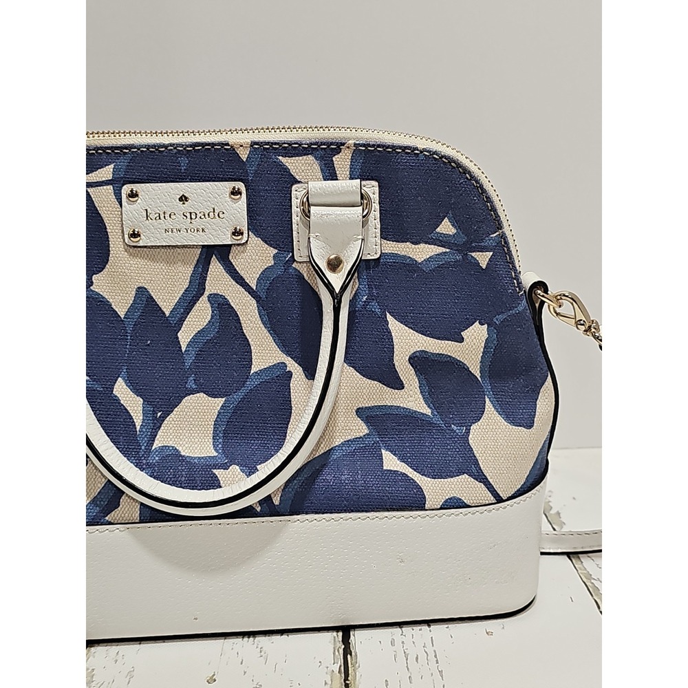 Kate Spade Wellesley Rachelle Leaves Dome Satchel Handbag Navy Blue White Canvas - Picture 5 of 13